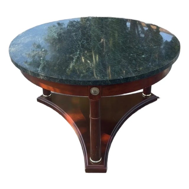 Vintage French Empire Neoclassical Style Mahogany Green Marble TopCoffee Table For Sale