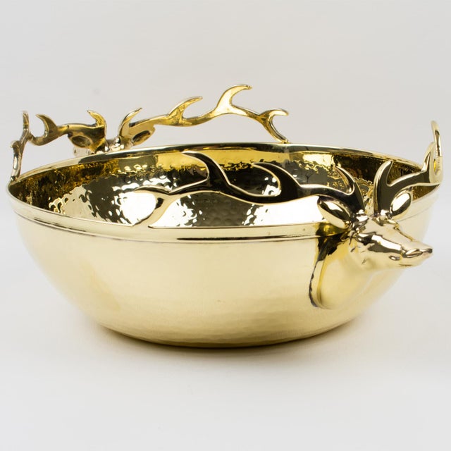 1980s Large Gilded Brass Centerpiece Bowl With Stag Heads Handles For Sale - Image 5 of 7