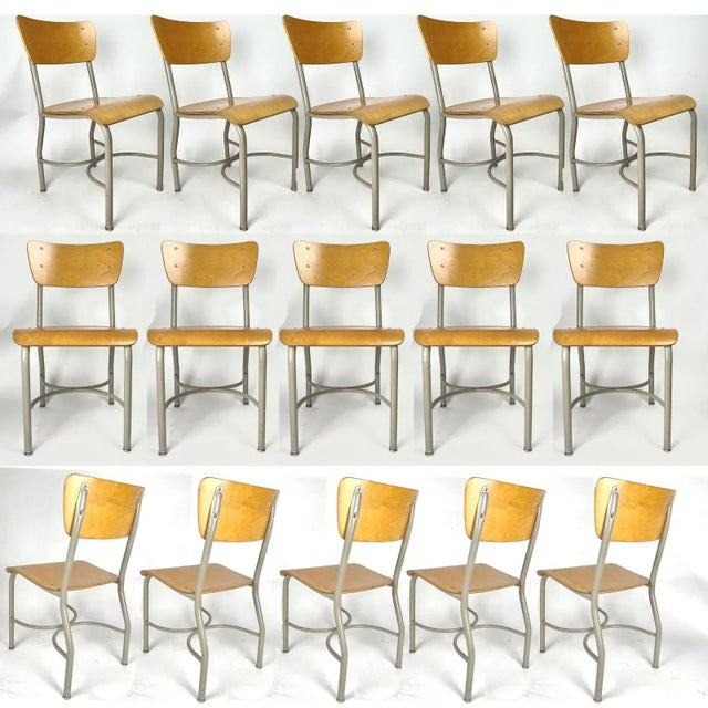Elegant grey framed school chairs with bent birch plywood seats and backs. These are vintage midcentury school chairs that...