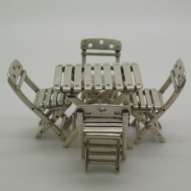 Metal Vintage Italian Handmade Silver 800 Folding Garden Table and Chairs Dollhouse Set, Arezzo, 1970s, Set of 5 For Sale - Image 7 of 14