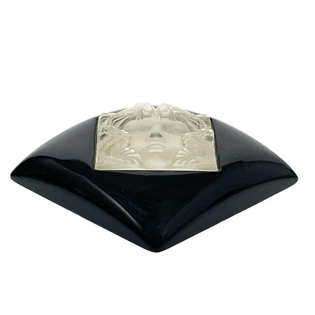 Arethuse Masque De Femme Art Deco Black & Clear Crystal Pendants & Brooch from Lalique, Set of 3 For Sale - Image 4 of 15