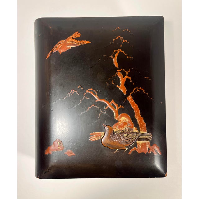 Antique Meiji Period Japanese Handmade Wood with Metal Inlay Lacquer Box Aprox. dimensions: 8 1/4"L x 7"W x 3"H Good...