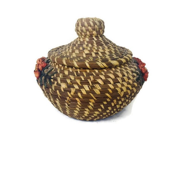 Vintage Native American Style Pine Needle Basket With Lid Coushatta