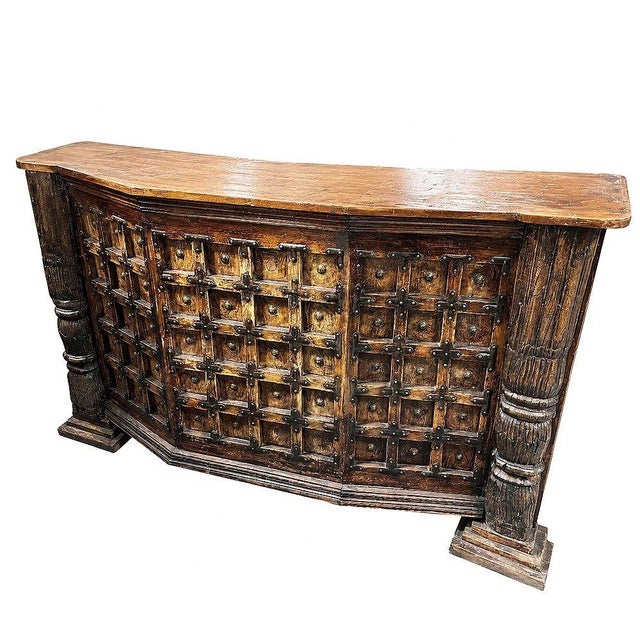 Mexican 1990s Spanish Colonial Style Wood Bar W/ Iron Strapwork & Carved Columns For Sale - Image 3 of 12