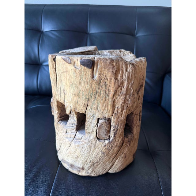 Contemporary Carved Wooden Wheel Hub: Primitive Architectural Salvage For Sale - Image 3 of 5