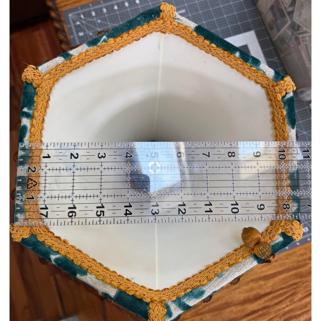 A beautifully handcrafted custom lampshade featuring luxurious Covington “Luv Bunny” velvet in a rich teal-on-natural...