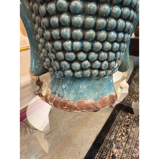 1990s Blue Crackle Glaze Pottery Thai Buddha Sculpture For Sale - Image 5 of 8