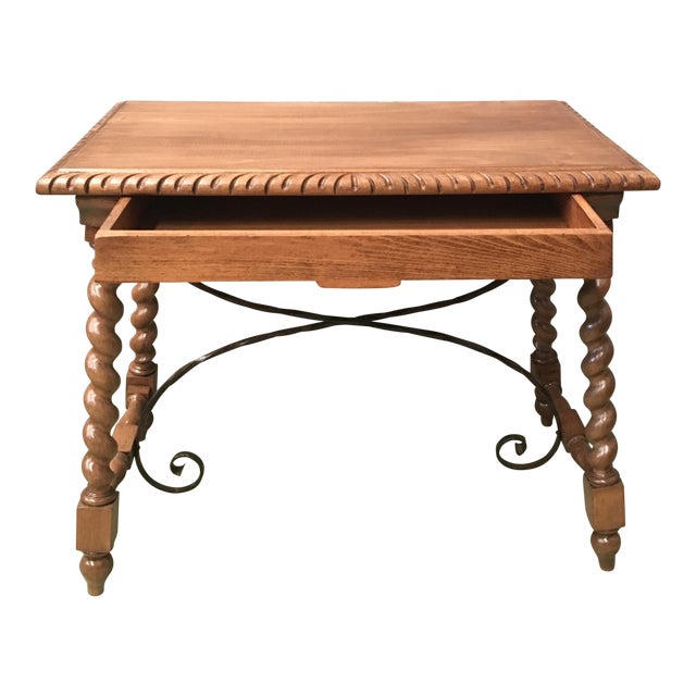19th Spanish Farm Table With Iron Stretchers, Hand-Carved Top and Drawer For Sale