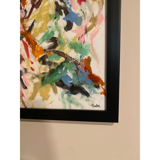 A vibrant abstract acrylic painting on paper. Custom framed, as shown. Painted by Texas artist, Jill Pavlas.