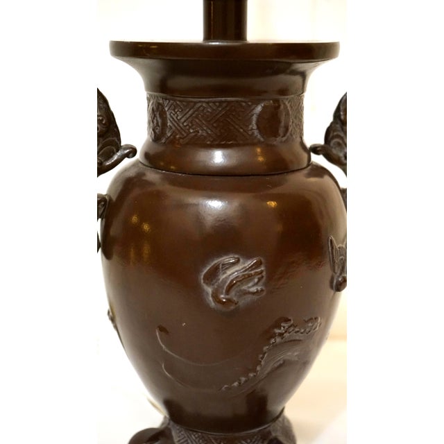 Vintage Patinated Brass Meiji Style Elephant and Dragon Lamp For Sale - Image 4 of 13
