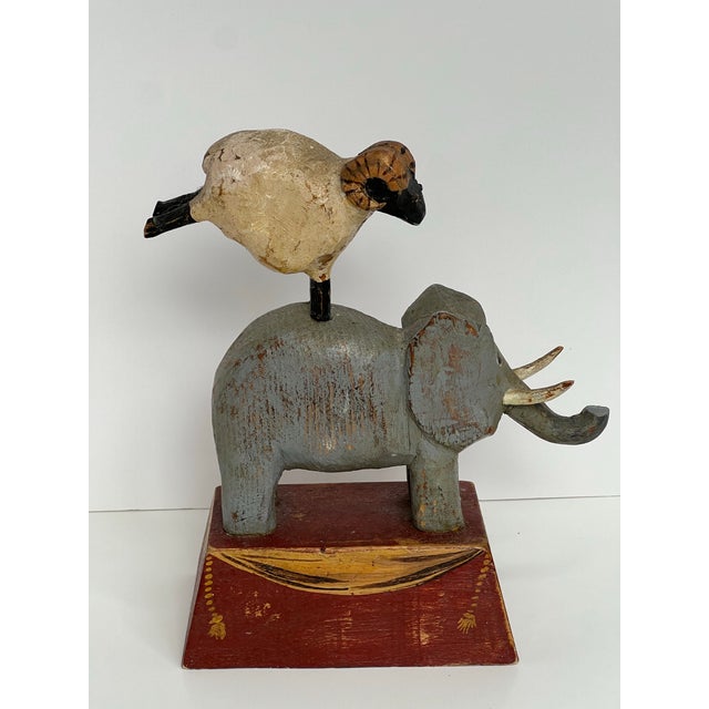 1990s Original Signed Tom Kelly Folk Art Elephant Ram Wood Sculpture For Sale - Image 5 of 12