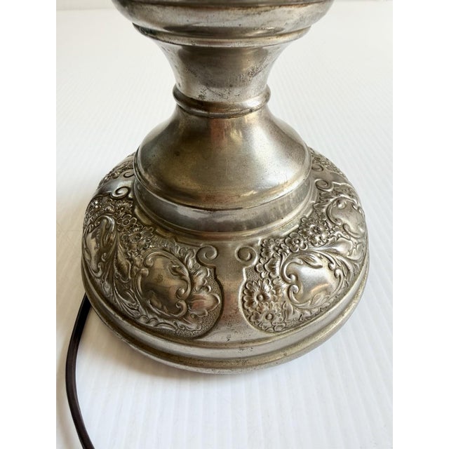 Early 20th Century The Meteor Silver Repousse Antique Oil Lamp, Converted to Electric For Sale - Image 5 of 18