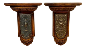 Pair Late 19th C. English Neoclassic Carved Oak & Silverplated Wall Shelves