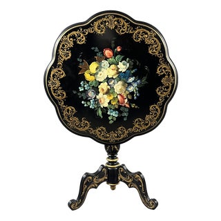19th Century Napoleon III Lacquered Pedestal Table with Floral Decoration For Sale