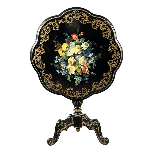 19th Century Napoleon III Lacquered Pedestal Table with Floral Decoration For Sale