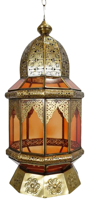 Vintage Moorish Indian Brass & Orange Glass Pendant Light
