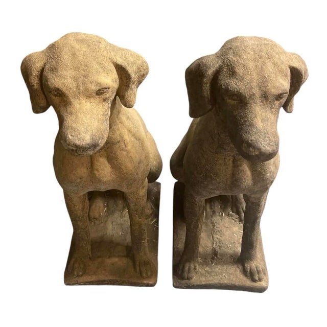 2000 - 2009 Pair of Vintage Weathered Cast Stone Seated Pointer Garden Statues For Sale - Image 5 of 12