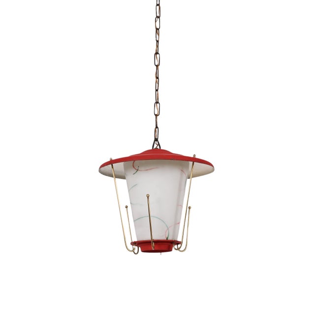 Metal Mid-Century Italian Round Opaline Glass and Brass Red Lantern Chandelier, 1950s For Sale - Image 7 of 18