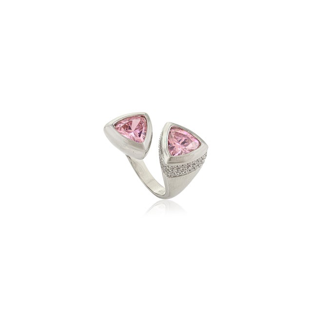 Art Deco Sculptural Sterling Silver Two Stone Ring With Pink Trillion Cuts - Statement Design by Carat&her Size 7 For Sale - Image 3 of 12
