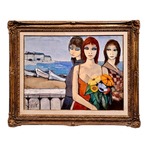 Charles Levier "Three Parisian Women by the Beach"1960s Oil Painting