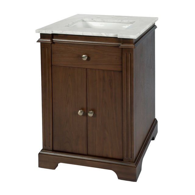 Traditional Rachelle 24 in. W Rectangular Wood & Marble Bathroom Vanity with Storage, Natural Walnut For Sale - Image 3 of 11