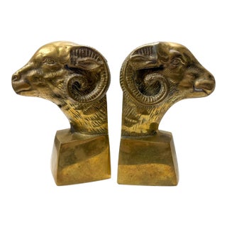 Mid-Century Neo-Classical Style Cast Brass Ram Form Bookends - Pair For Sale