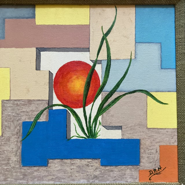 1970’s vintage mid century modern abstract geometric painting. Signed and framed. Measures 18x14 & 26x22 with frame.