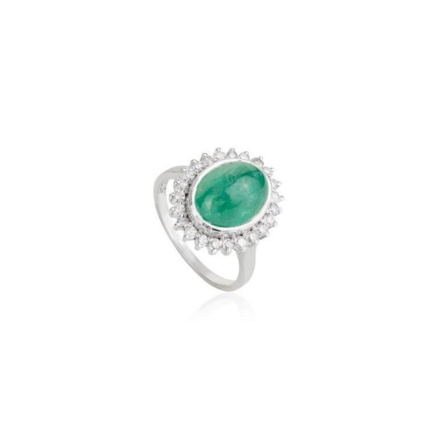 Emerald Vintage Inspired Oval Cabochon Emerald Ring With Diamond Halo in Silver - Size 7.5 For Sale - Image 8 of 12