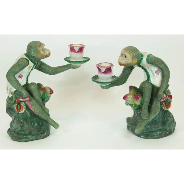 Green Pair of Vintage Chinoiserie Monkey Lotus Candleholders, Painted Resin For Sale - Image 8 of 13