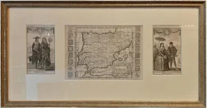 Framed Costume Prints with Map of Spain and Portugal, 1720, Set of 2