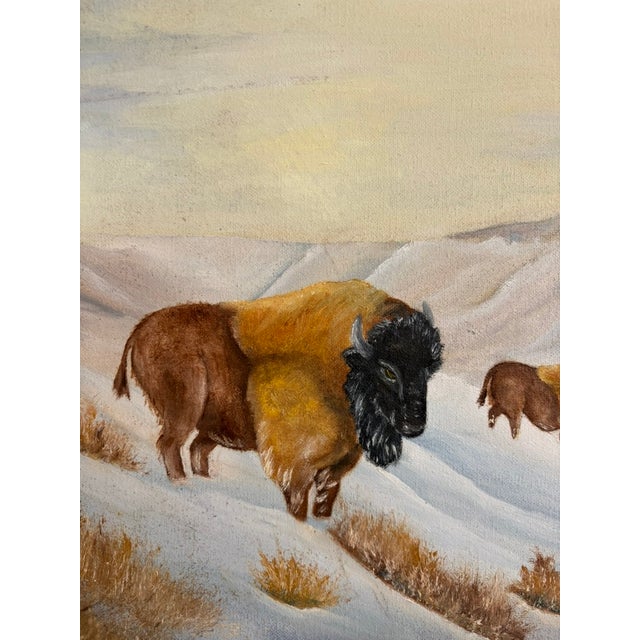 Textile Vintage Bison Landscape Painting – Oil on Canvas, Signed “Luci,” Framed For Sale - Image 7 of 10
