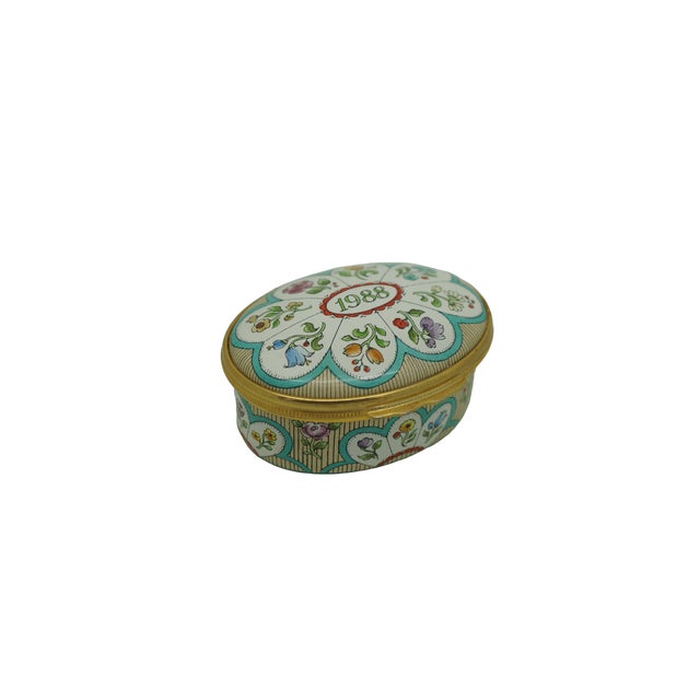 Vintage Halcyon Days Bilston & Battersea Enamel "A Year to Remember" 1988 Trinket Box featuring hand-painted floral panels...
