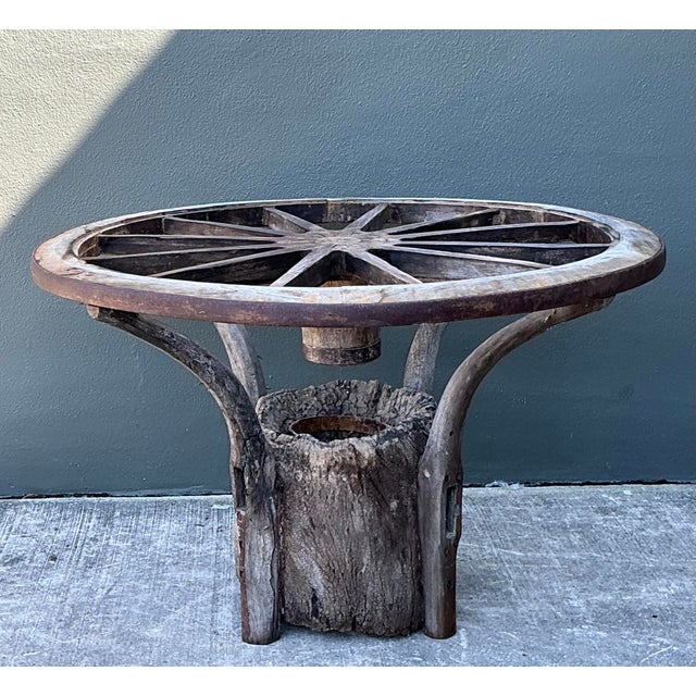 Vintage Primitive Wagon Wheel Dining Table Pedestal For Sale - Image 4 of 12