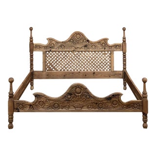 Antique Rustic Italian Country Pine Queen Bed For Sale