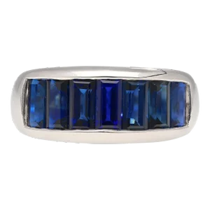 18K Solid White Gold Channel Set Baguette Cut Blue Sapphire Band Ring, Size 6.5