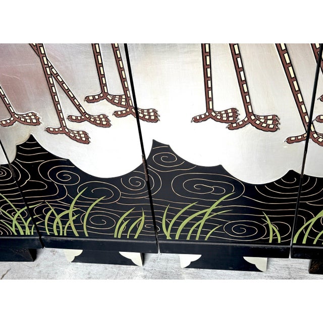 Art Deco Style Six-Panel Silver Leaf Crane Screen, Hong Kong, Circa 1980 For Sale - Image 10 of 18