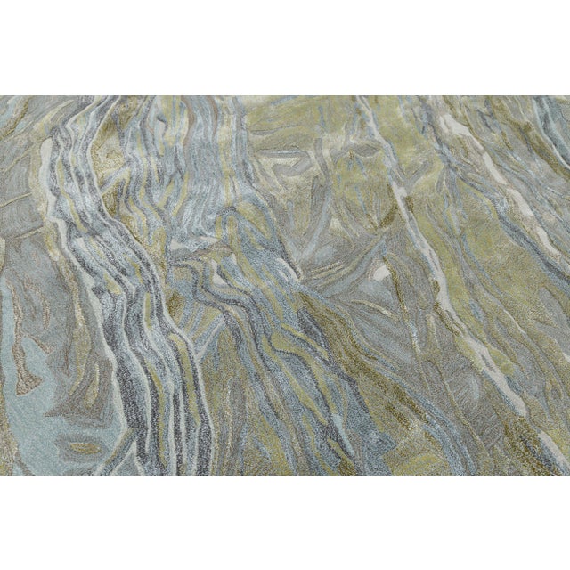 Modern Abstract Rug – Hand-Tufted Wool & Viscose – Blue, Gold, and Grey For Sale - Image 9 of 10