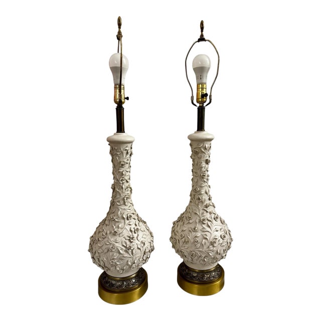 1960s Mid Century Modern Pair of Marbro Style Blane De Chine Table Lamps With Flowers For Sale