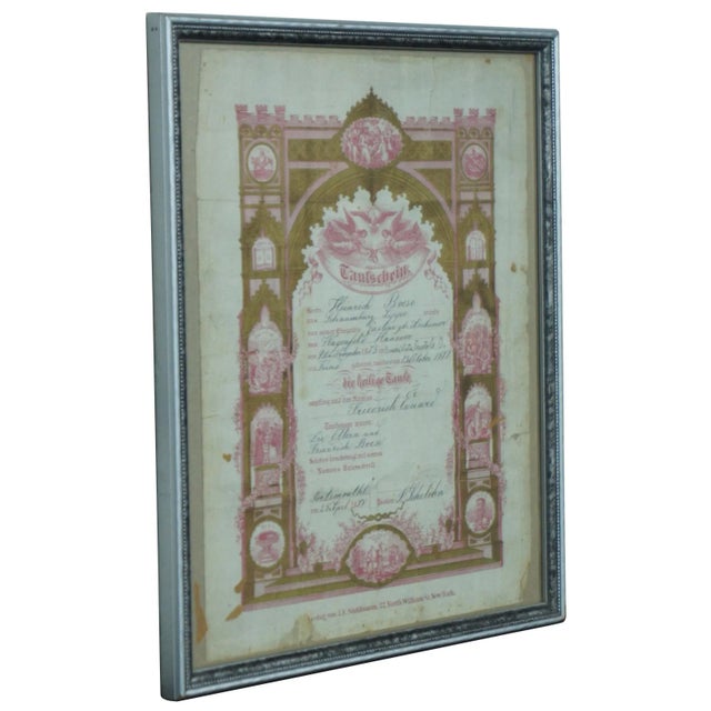 Antique 1873-1877 Taufschein or German baptismal certificate, printed in pink/red with gold accents, published by J.E....