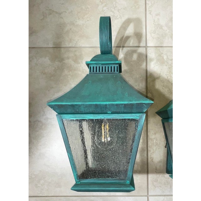 Turquoise Pair of Vintage Solid Brass Outdoor Lanterns – Arts & Crafts Mission Style For Sale - Image 8 of 13
