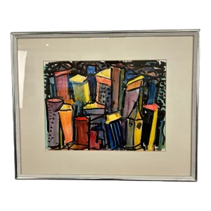 Abstract Cityscape Watercolor Framed Painting by Kenneth Marcus Hugh