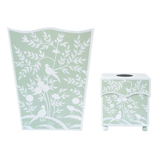 Green Bird & Vine Tole Waste Basket & Tissue Box Set For Sale