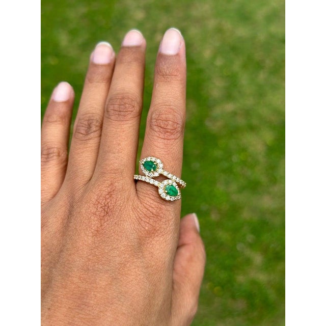 Not Yet Made - Made To Order Natural Emerald Halo Diamond Bypass Ring in 18k Gold Size 7 For Sale - Image 5 of 10