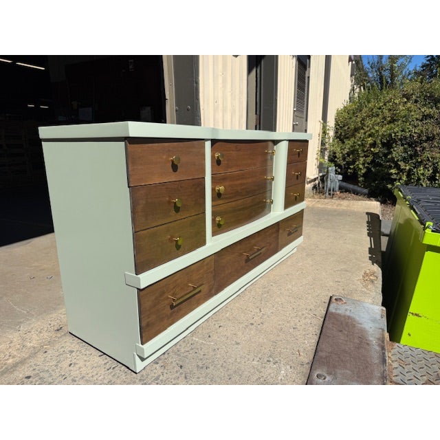 Mid-Century Modern Professionally Refinished Mid Century Modern Walnut Dresser in Farrow & Ball "Verte De Terre" For Sale - Image 3 of 11