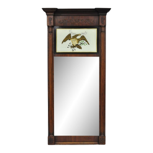 Antique American Federal Mahogany Reverse Painted Eagle Trumeau Wall Mirror