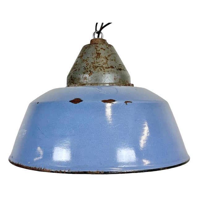 Industrial Blue Enamel and Cast Iron Pendant Light, 1960s For Sale