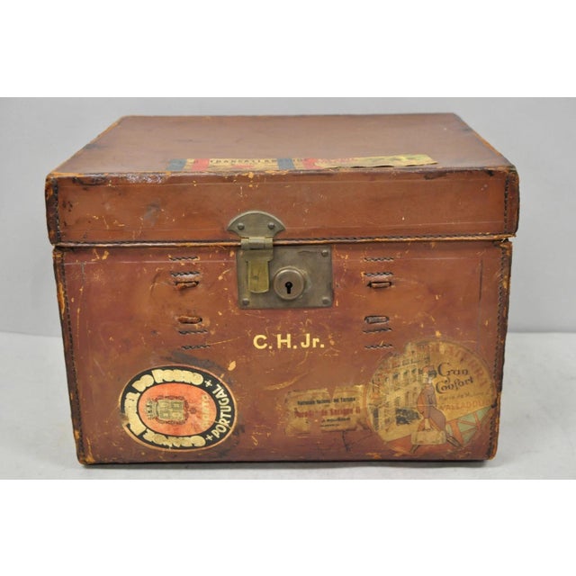 Antique English Art Deco Brown Distressed Leather Hard Travel Case Suitcase (unlocked, no keys) w/ Various Travel Decals...
