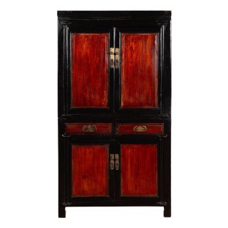 Chinese Early 20th Century Black and Brown Wood Armoire With Doors and Drawers For Sale