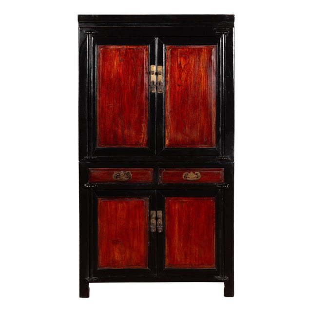 Chinese Early 20th Century Black and Brown Wood Armoire With Doors and Drawers For Sale