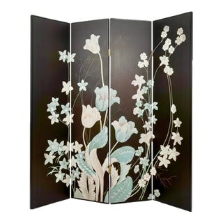 Chinoiserie Black Lacquer Hand-Painted Floral 4-Panel Room Divider Screen For Sale
